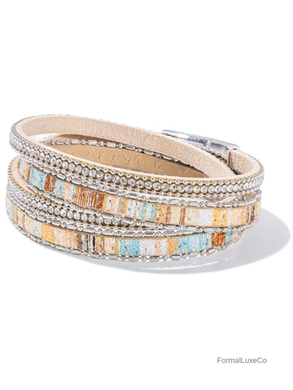 Boho Leather Wrap Bracelet Stackable Crystal Rhinestone Cuff Magnetic Clasp